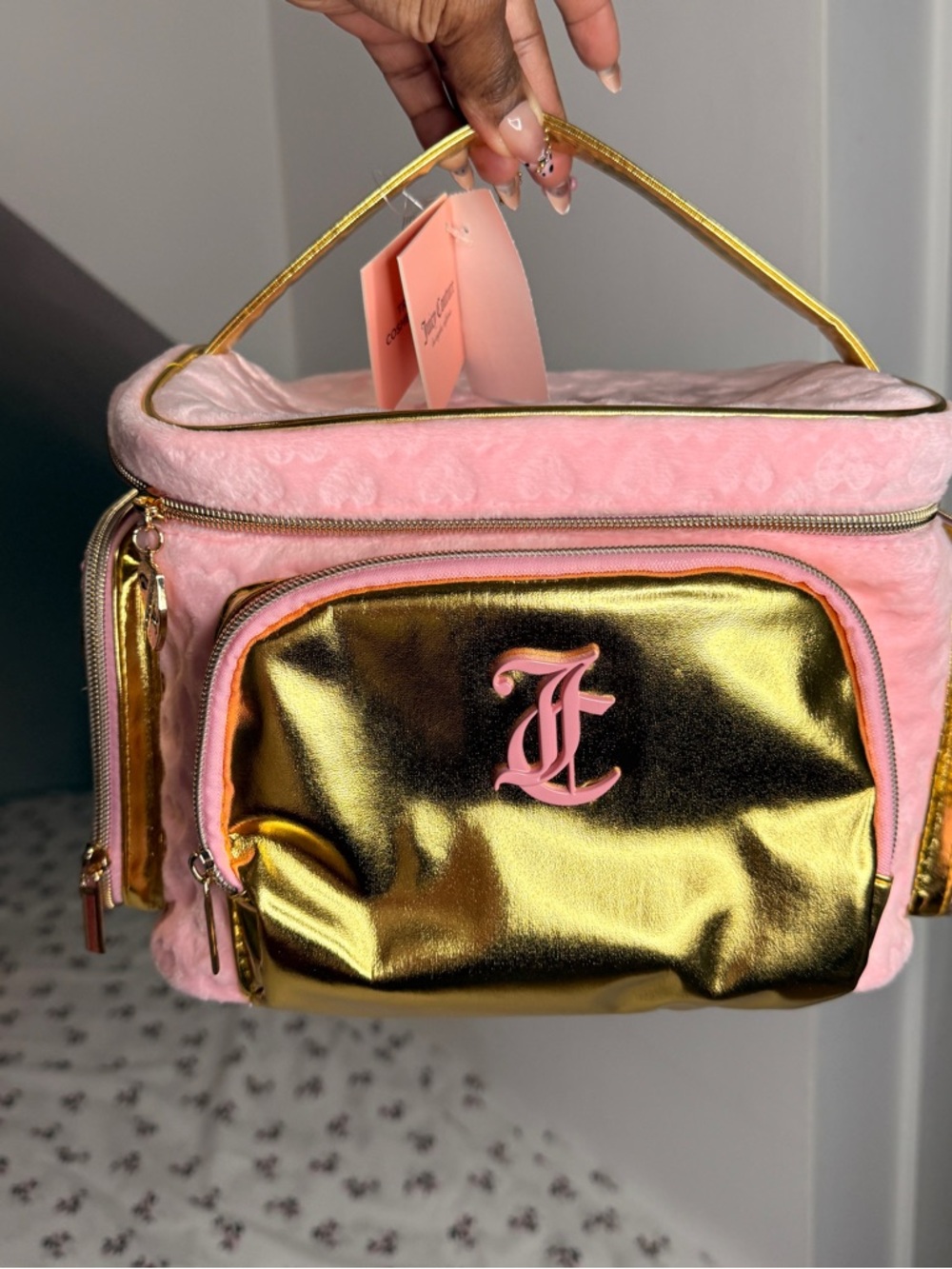 Juicy Couture Pink and Gold Metallic Top-Handle Cosmetic Case